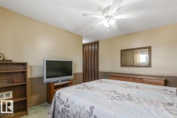 Bedroom featuring a built-in ceiling fan with light fixture, two-tone wall paint, and a built-in wood-finish shelving unit - 
