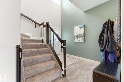 Carpeted staircase with dark wood handrails and black metal balusters - 54 Cypress Link, Fort Saskatchewan, AB - Indoor Photo Showing Other Room