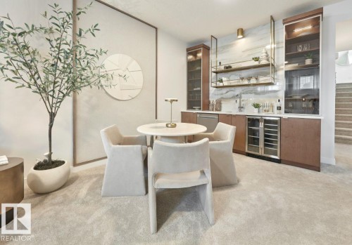 Indoor wet bar featuring beverage cooler, modern cabinets, glass insert cabinets, open shelves, and light carpet - 2131 194 Street, Edmonton, AB - Indoor Photo Showing Dining Room