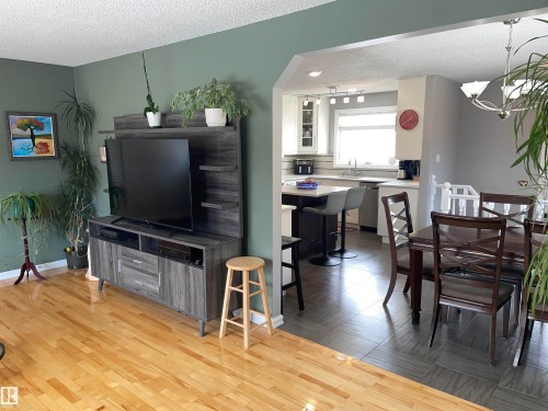 This open concept living area features hardwood flooring and an inviting archway leading to the kitchen and dining space - 14212 30 Street, Edmonton, AB - Indoor