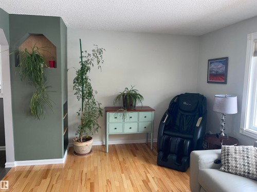 This living space features light-colored hardwood flooring and a recessed architectural detail within a painted wall - 14212 30 Street, Edmonton, AB - Indoor