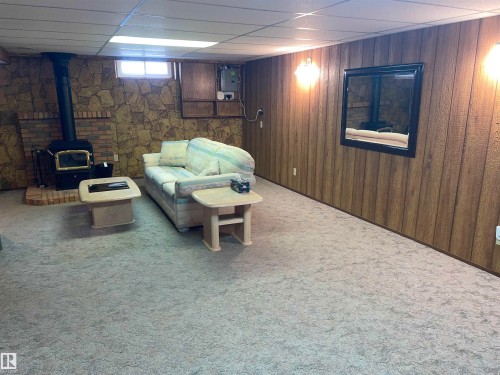 Living area featuring a freestanding fireplace with a brick hearth, stone accent wall, and carpeted flooring - 14212 30 Street, Edmonton, AB - Indoor Photo Showing Basement