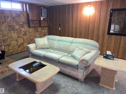 This living space features wood paneling and a stone-style accent wall - 14212 30 Street, Edmonton, AB - Indoor
