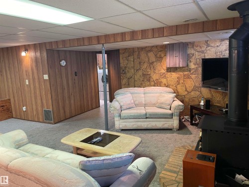 This versatile living area features wood paneling, a textured wall finish, and a wood-burning stove - 14212 30 Street, Edmonton, AB - Indoor