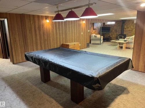Recreational room featuring carpeted flooring, wood paneling, and overhead lighting - 14212 30 Street, Edmonton, AB - Indoor Photo Showing Other Room