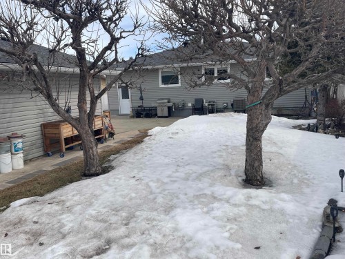 The property features a durable siding exterior, a paved patio area, and mature trees in the yard - 14212 30 Street, Edmonton, AB - Outdoor