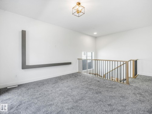 Upper-level landing featuring textured gray carpeting, white walls, and a contemporary gold and black spindle railing - 6125 Crawford Drive, Edmonton, AB - Indoor Photo Showing Other Room