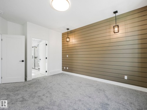 Light gray carpeting throughout, featuring a horizontal shiplap accent wall - 6125 Crawford Drive, Edmonton, AB - Indoor Photo Showing Other Room