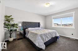 Spacious room featuring neutral painted walls, dark textured carpet, and a large window with white trim - 