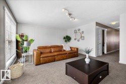 Spacious living area featuring neutral carpeting, a large window with blinds, and white panel accent wall details - 