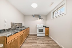 Kitchenette featuring wood-finish flooring, two stainless steel sinks, dark mottled countertops, and a mosaic tile backsplash - 
