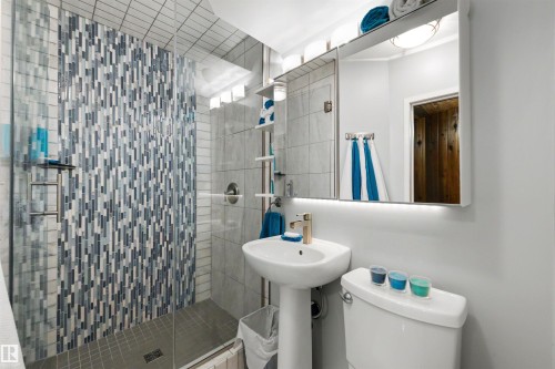 Glass-enclosed shower with mosaic tile surround and built-in shelving - 9602 85 Street, Edmonton, AB - Indoor Photo Showing Bathroom