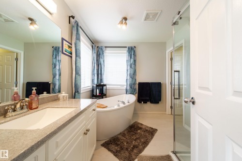 The bathroom features a vanity with a light-colored countertop and a rectangular sink, a freestanding white bathtub, and a glass-enclosed shower - 4 Windrose Drive, Leduc, AB - Indoor Photo Showing Bathroom