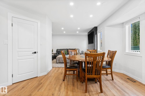 Dining area featuring wood-finish flooring, recessed lighting, and white trim - 362 Blackburn Drive E, Edmonton, AB - Indoor Photo Showing Dining Room