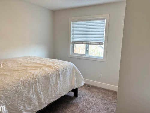 Bright room featuring neutral wall paint, a window with horizontal blinds, white window trim, and plush carpet flooring - 11 James Crescent, St. Albert, AB - Indoor Photo Showing Bedroom