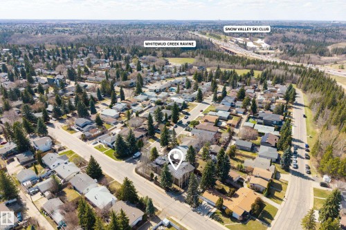 Aerial perspective showcasing a residential neighborhood with mature trees - 11908 41A Avenue, Edmonton, AB - Outdoor With View