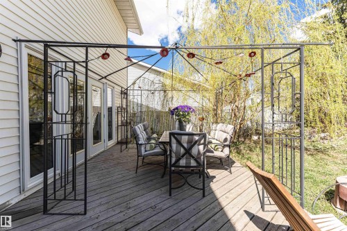 Expansive wood-finish deck with a decorative metal gazebo frame - 1235 104 Street, Edmonton, AB - Outdoor With Deck Patio Veranda With Exterior