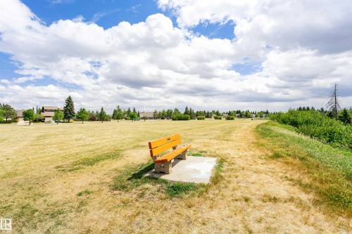 Expansive open parkland featuring a wooden bench on a concrete pad, a winding dirt path, and lush green foliage on the right border - 1235 104 Street, Edmonton, AB - Outdoor With View