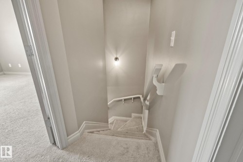 Carpeted staircase featuring white baseboards, wall sconce lighting, and a white handrail - 46 445 Brintnell Boulevard, Edmonton, AB - Indoor