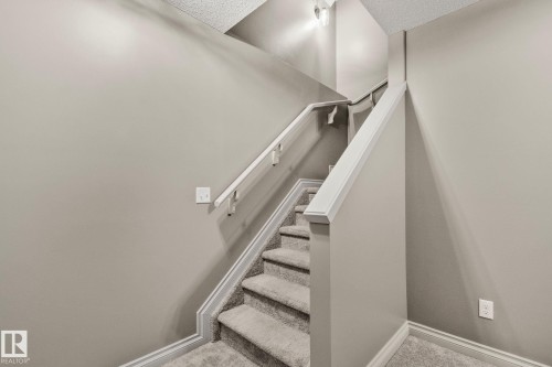 Staircase featuring carpeted treads, white painted risers, and a coordinating white handrail - 46 445 Brintnell Boulevard, Edmonton, AB - Indoor Photo Showing Other Room