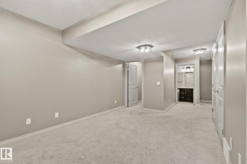 Carpeted room with neutral paint, two flush-mount ceiling lights, and multiple white panel doors - 46 445 Brintnell Boulevard, Edmonton, AB - Indoor Photo Showing Other Room
