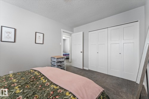 Bedroom featuring light gray wall paint, textured ceiling, light gray carpet flooring, and white bi-fold closet doors - 35 Mcleod Place, Edmonton, AB - Indoor Photo Showing Bedroom