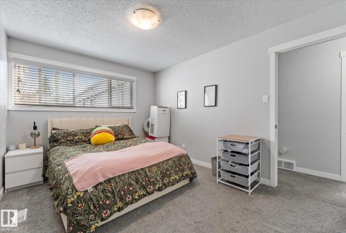 Carpeted room featuring a horizontal window with blinds, a ceiling-mounted light fixture, and light gray wall paint - 35 Mcleod Place, Edmonton, AB - Indoor Photo Showing Bedroom
