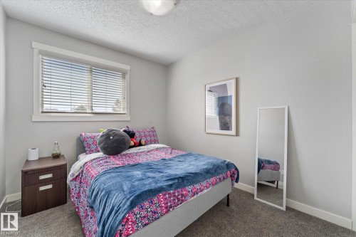Bedroom featuring neutral gray walls, a window with horizontal blinds, white trim, and gray carpeting - 35 Mcleod Place, Edmonton, AB - Indoor Photo Showing Bedroom