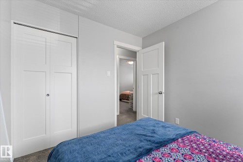 Neutral tone walls with textured ceiling and gray carpet flooring - 35 Mcleod Place, Edmonton, AB - Indoor Photo Showing Bedroom