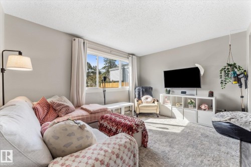 Living area featuring light gray walls, white trim, and a textured carpet - 35 Mcleod Place, Edmonton, AB - Indoor