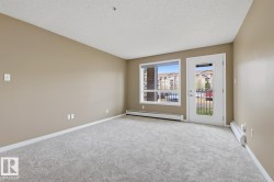 Spacious room featuring light-toned carpet flooring, neutral painted walls, and white baseboards - 