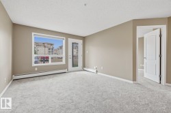 Spacious room featuring light-colored carpeting, neutral wall tones, and white baseboards - 