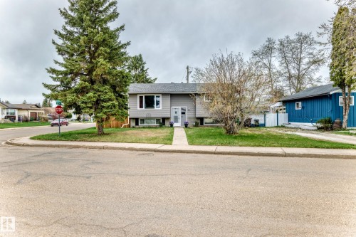 Exterior featuring gray siding, a prominent corner lot, mature evergreen tree, established landscaping, and a concrete walkway leading to the front entry - 3802 52 Street, Wetaskiwin, AB 