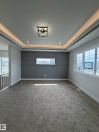 Spacious room featuring a decorative tray ceiling with recessed lighting and cove lighting, a contemporary ceiling fixture, a paneled accent wall with a horizontal window, and multiple windows providing natural light - 