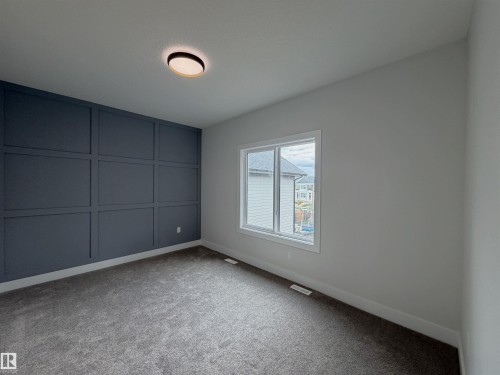 Accent wall featuring rectangular paneling, grey carpeting, white baseboards, and a window with white trim - 202 Edgewater Circle, Leduc, AB - Indoor Photo Showing Other Room