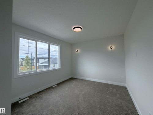 Spacious room featuring a large multi-pane window, neutral-toned carpeting, and light gray wall paint - 202 Edgewater Circle, Leduc, AB - Indoor Photo Showing Other Room