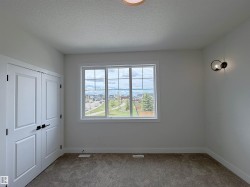 Windowed interior space featuring neutral wall paint, gray carpet flooring, and a flush-mount ceiling light - 