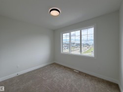 Bright interior space featuring a multi-pane window, neutral-toned carpeting, white baseboards, and a contemporary flush-mount ceiling light fixture - 