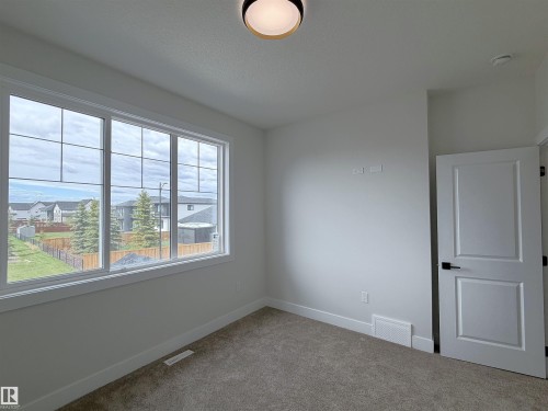 Room featuring a large grid-pattern window, neutral carpeting, and a flush-mount ceiling light - 202 Edgewater Circle, Leduc, AB - Indoor Photo Showing Other Room