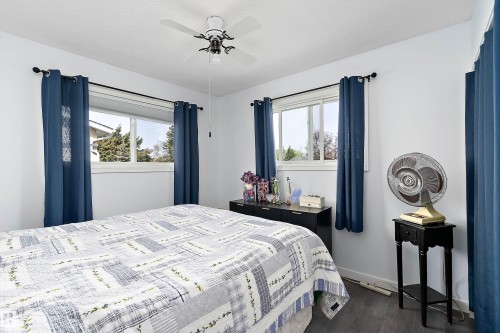 Bedroom featuring wood-finish flooring, two large windows, a ceiling fan with light fixture, and white painted walls - 17 Camelot Avenue, Leduc, AB - Indoor Photo Showing Bedroom