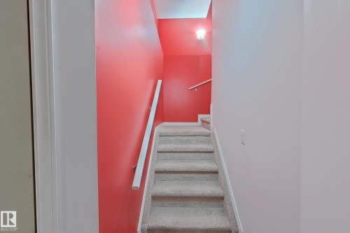 Staircase featuring carpeted steps and a white handrail, with a wall finished in a vibrant color - 3120 25 Avenue Nw, Edmonton, AB - Indoor Photo Showing Other Room
