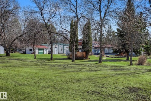 Sprawling green lawn with mature deciduous and evergreen trees, a detached storage building with a red roof and green garage door, and a light-colored main residence with large windows - 250 197 Avenue, Edmonton, AB - Outdoor