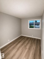Wood-finish flooring with crisp white trim - 