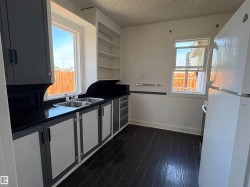 Kitchen featuring two windows, built-in shelving, dark countertops, and a double basin stainless steel sink. - 