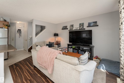 Bright living area featuring wood-finish flooring, light gray wall tones, and a ceiling light fixture - 2 13403 Cumberland Road, Edmonton, AB - Indoor Photo Showing Living Room