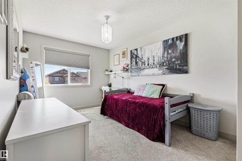 Bright room featuring a single window with blinds, light gray wall paint, textured ceiling, light-colored carpeting, and a ceiling-mounted light fixture - 7343 Armour Crescent, Edmonton, AB - Indoor Photo Showing Bedroom