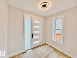 Entryway featuring a modern door with frosted glass panels, a full-length frosted sidelight, and a contemporary ceiling light fixture - 