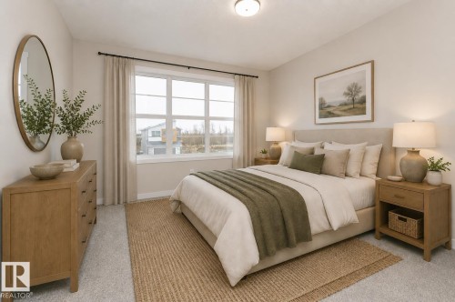 Spacious room featuring a large window, neutral carpeting, and a built-in ceiling light fixture - 2616 158 Street, Edmonton, AB - Indoor Photo Showing Bedroom