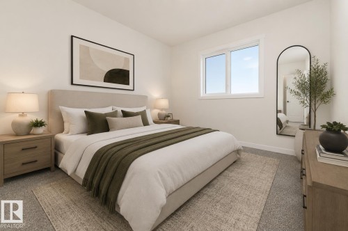 Bedroom featuring light gray carpeting and a white window with a clear sky visible - 3896 Wren Crescent, Edmonton, AB - Indoor Photo Showing Bedroom