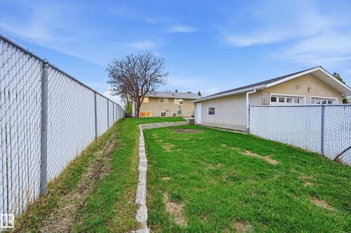 Expansive backyard featuring a chain-link fence, a concrete retaining wall, and a mature tree - 13903 87 Street, Edmonton, AB - Outdoor